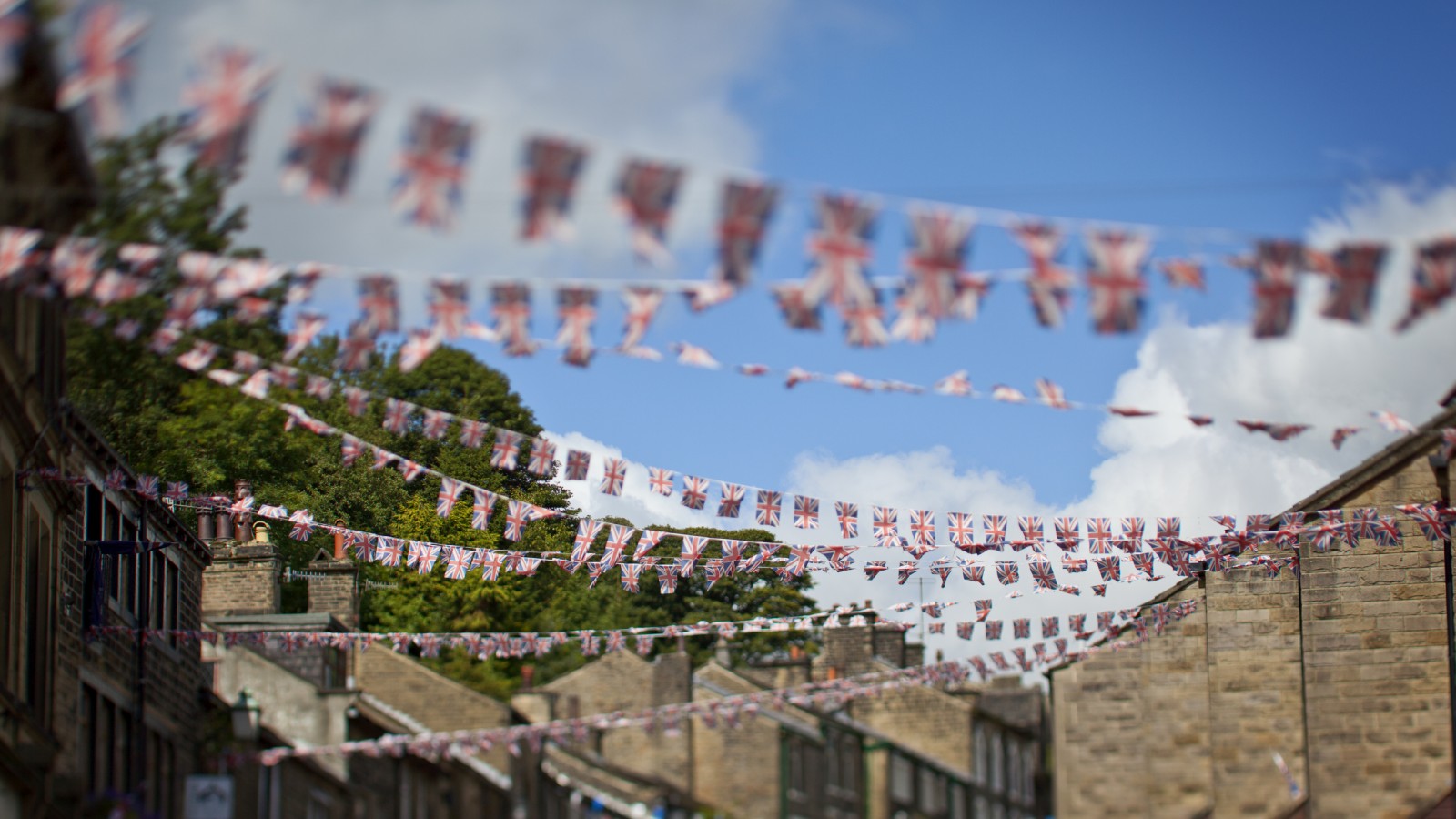Town with British flag bunting